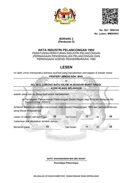 MM2H agency licence issued to PRXPERT (MM2H) Sdn. Bhd.